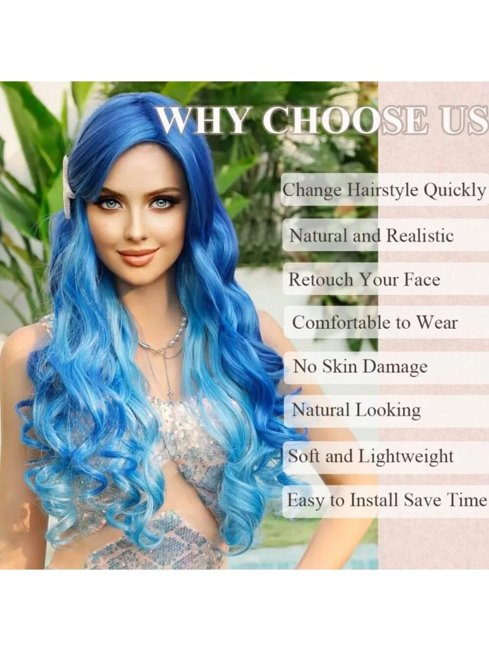 26 Inch Women's Blue Long Wavy Curly Hair Wig Halloween Cosplay